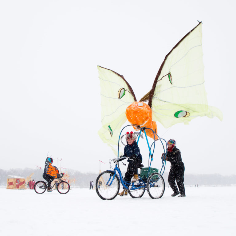 A woman rides a bike with a butterly attached to it