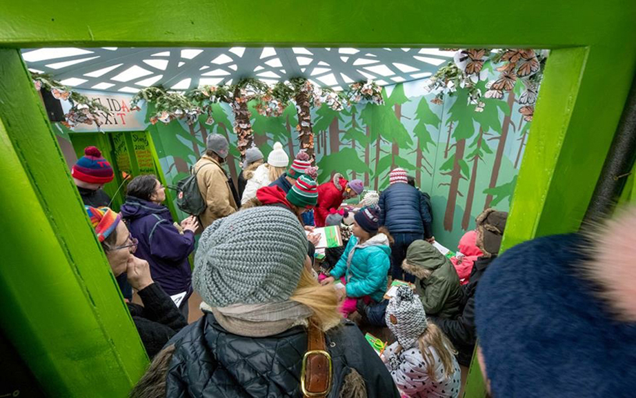 Inside the brightly lit pollinator shanty, the bobble hatted heads of many adults and children in lots of different colors. We look in through a pea green doorway into a room painted with fir trees. Paper butterflies cascade in clumps from the ceiling.