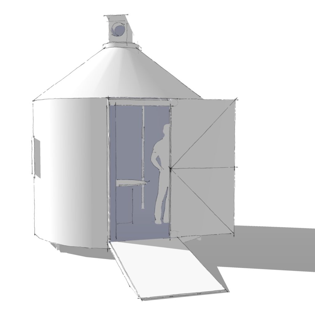 An illustration of a human figure, standing inside the can-shaped Opticon Shanty, with a ramp, windows, and a periscope.