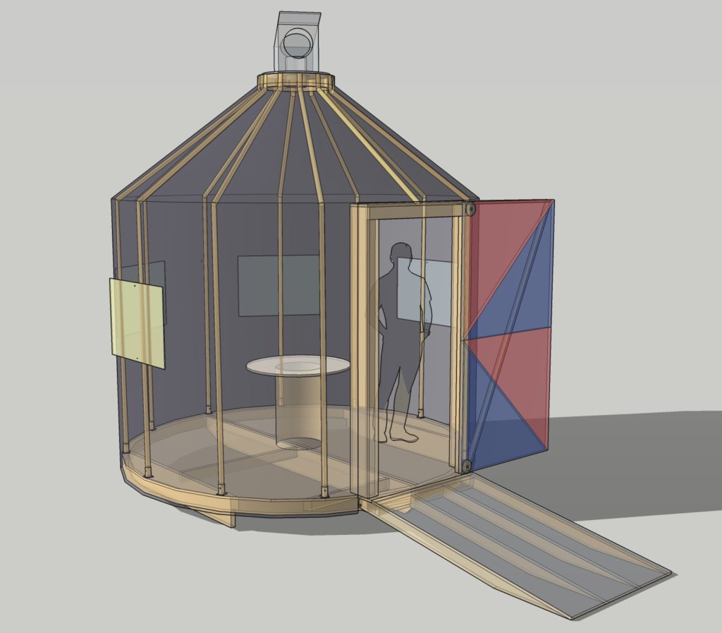An illustration of a human figure, standing inside the can-shaped Opticon Shanty, with a ramp, windows, and a periscope.