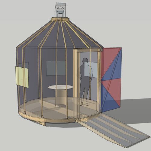 An illustration of a human figure, standing inside the can-shaped Opticon Shanty, with a ramp, windows, and a periscope.
