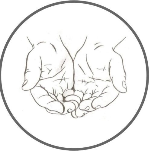 A drawing of two hands loosely cupped together open. The drawing is in a circle.