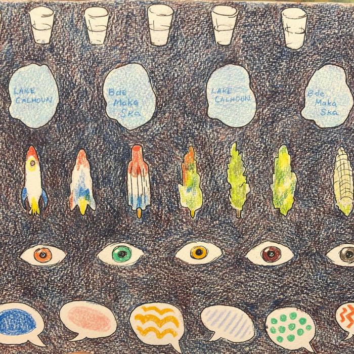 Hand drawn images of lakes, glasses, rockets/popsicles, eyes, text bubbles.