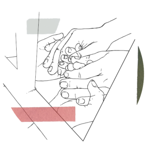 A drawing of one set of hands, palms face up, holding another set of hands, palms facing down, each squeezing the other's fingertips. It appears as if we're seeing these hands through a window frame, and a stripe each of grey, rose, and dark green each intersect a different part of the illustration.