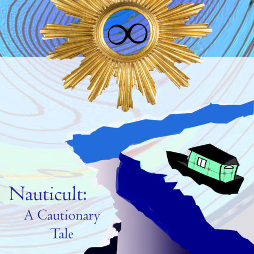 A digital collage, a metallic golden sun's hollow center reveals an infinity symbol. Underneath, a cracked ice sheet separates a stranded houseboat and the words "Nauticult: A Cautionary Tale". Gold lines like a topographical map run faintly in the background.