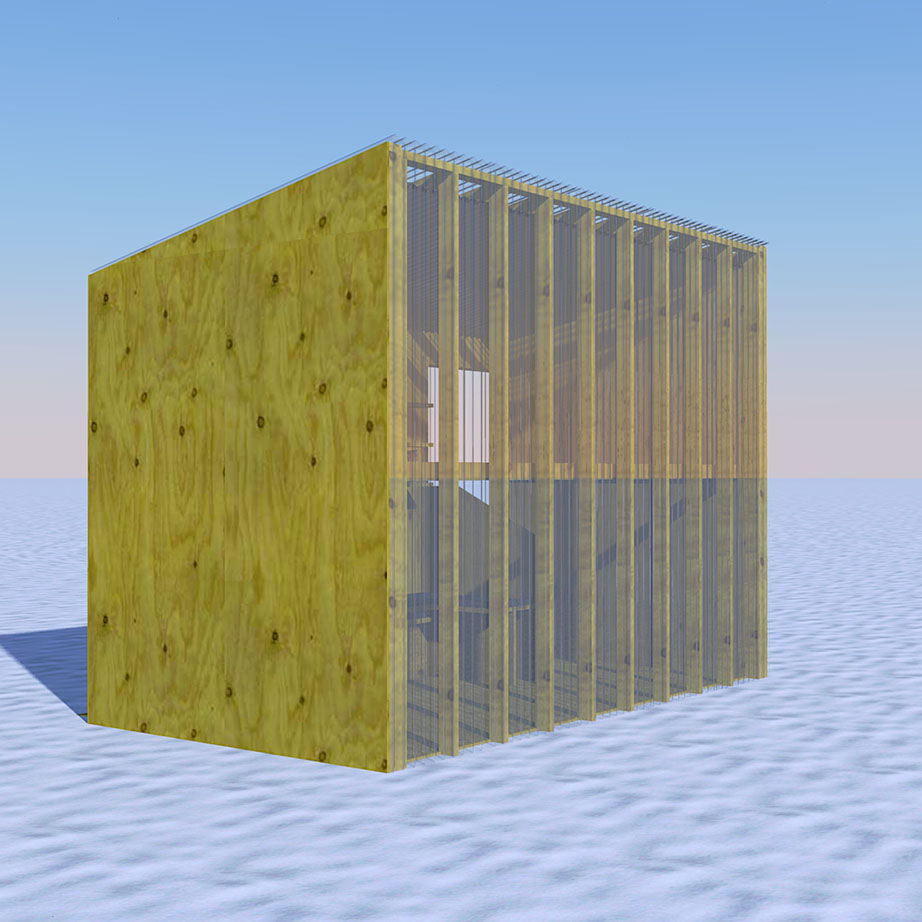 a rendering of a wooden and clear shanty on the snowy lake