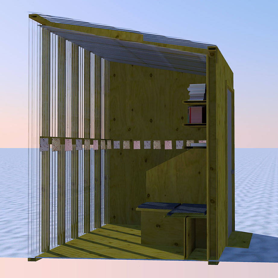 A rendering of a wooden and clear shanty on the snowy lake. There are shelves on the wall, and a little bench on the floor. Seed packets are attached to a board running around the inside edge of the shanty.