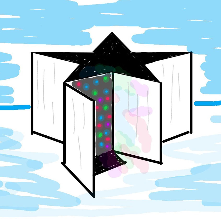 Drawing of a star-shaped structure with colorful dots on a side