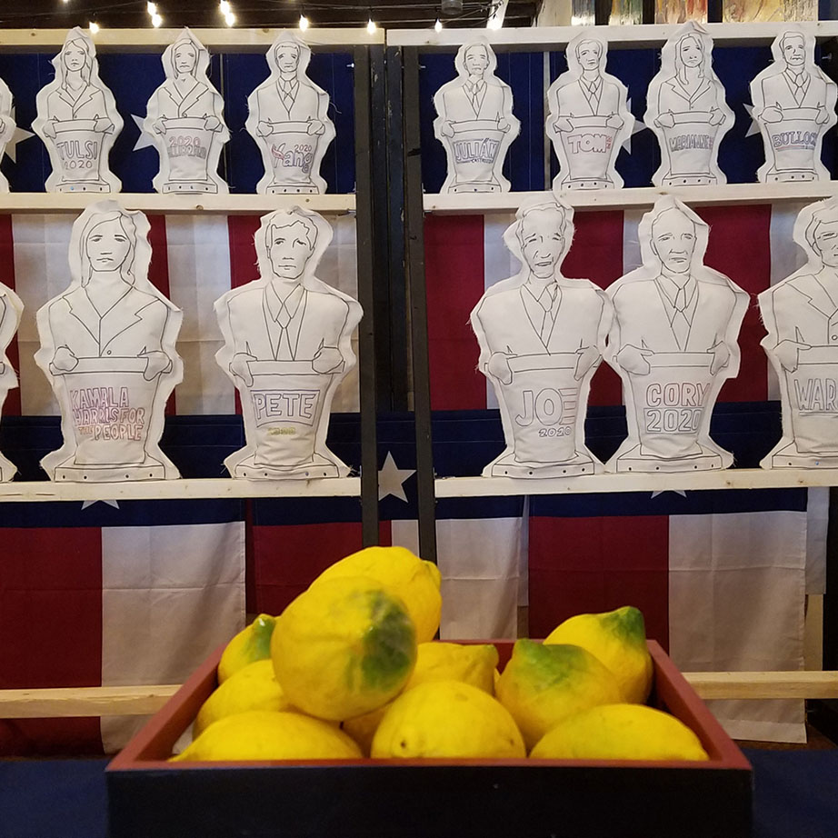Photo of shelves of political candidates as hand-drawn knockdown toys with a bowl of lemons.