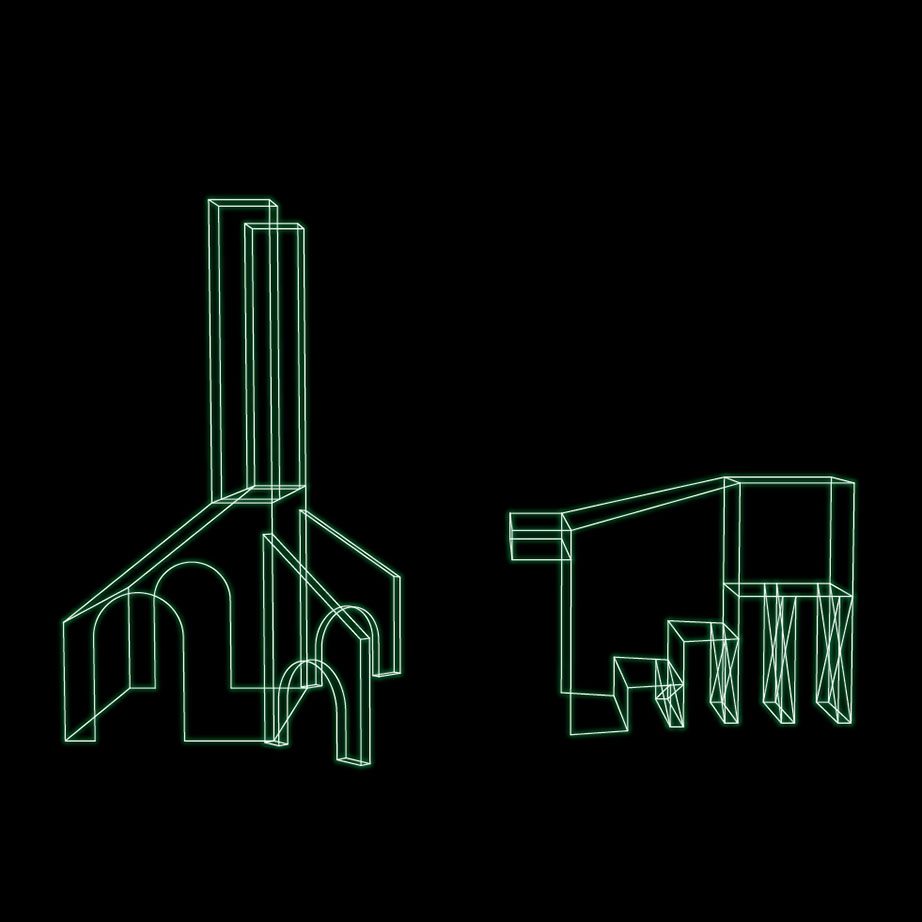 White line drawing on black background of 2 structures- one with arches, one wtih steps