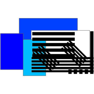 Three rectangles in various shades of blue, and one white rectangle, with sets of five horizontal black lines and diagonal black lines.