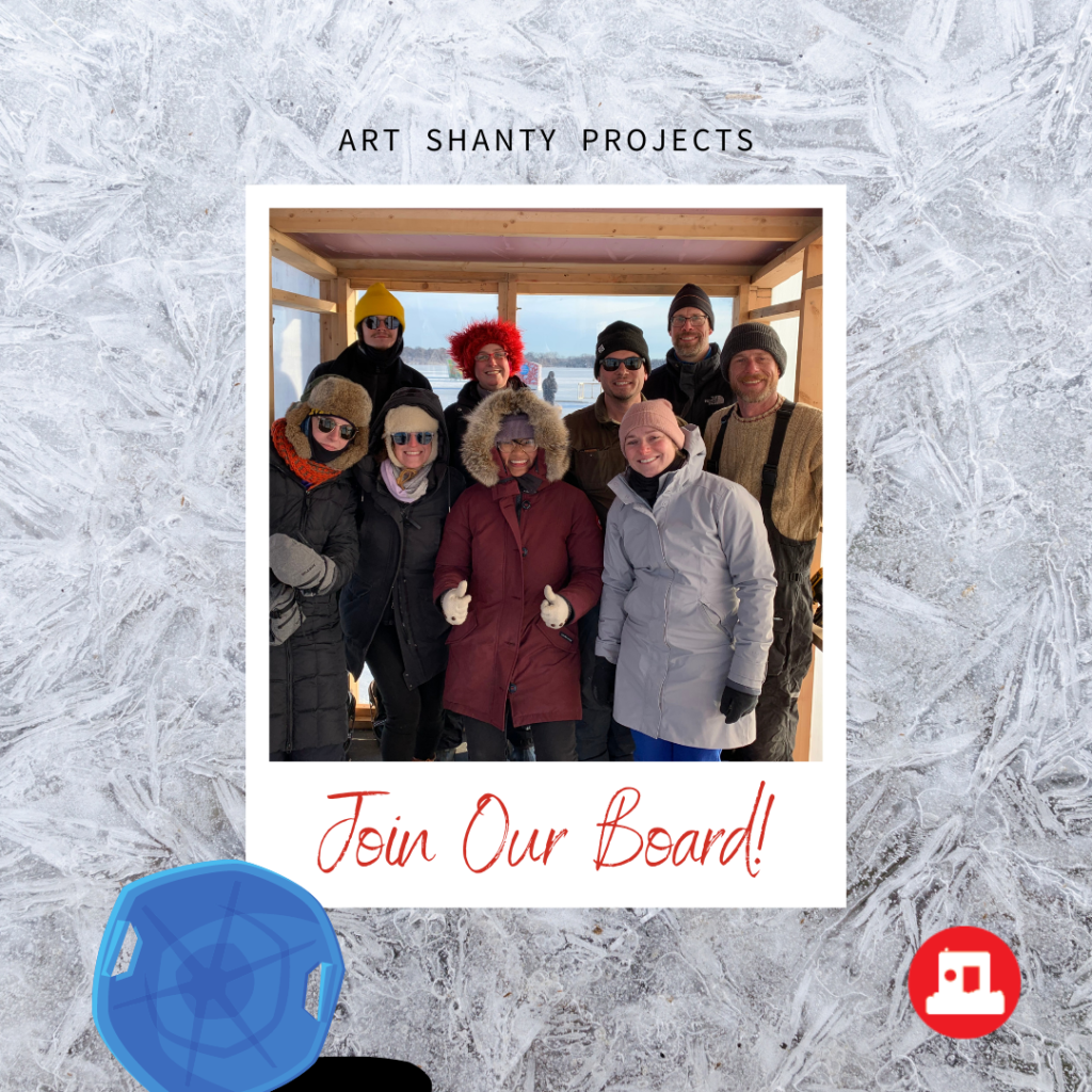 a polaroid photo of nine smiling board members dressed in winter clothing against an icy backdrop on a sunny winter day