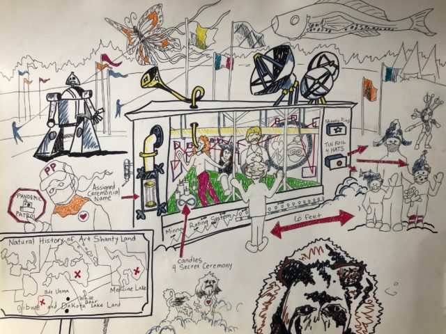 a hand drawn artist rendering of their imagined shanty village. giant puppets, including a robot and bear, surround a whimsical shanty with clear walls and many ways to interact. there are bank teller tubes, horns, drawers, and cranks. in the sky there are large kites and fluttering flags creating a visual spectacle.