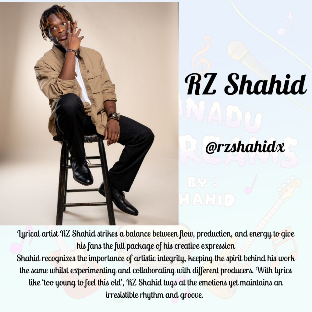 a photo of a man with locs sitting on a stool. Text reads 'RZ Shahid - @rzshahidx