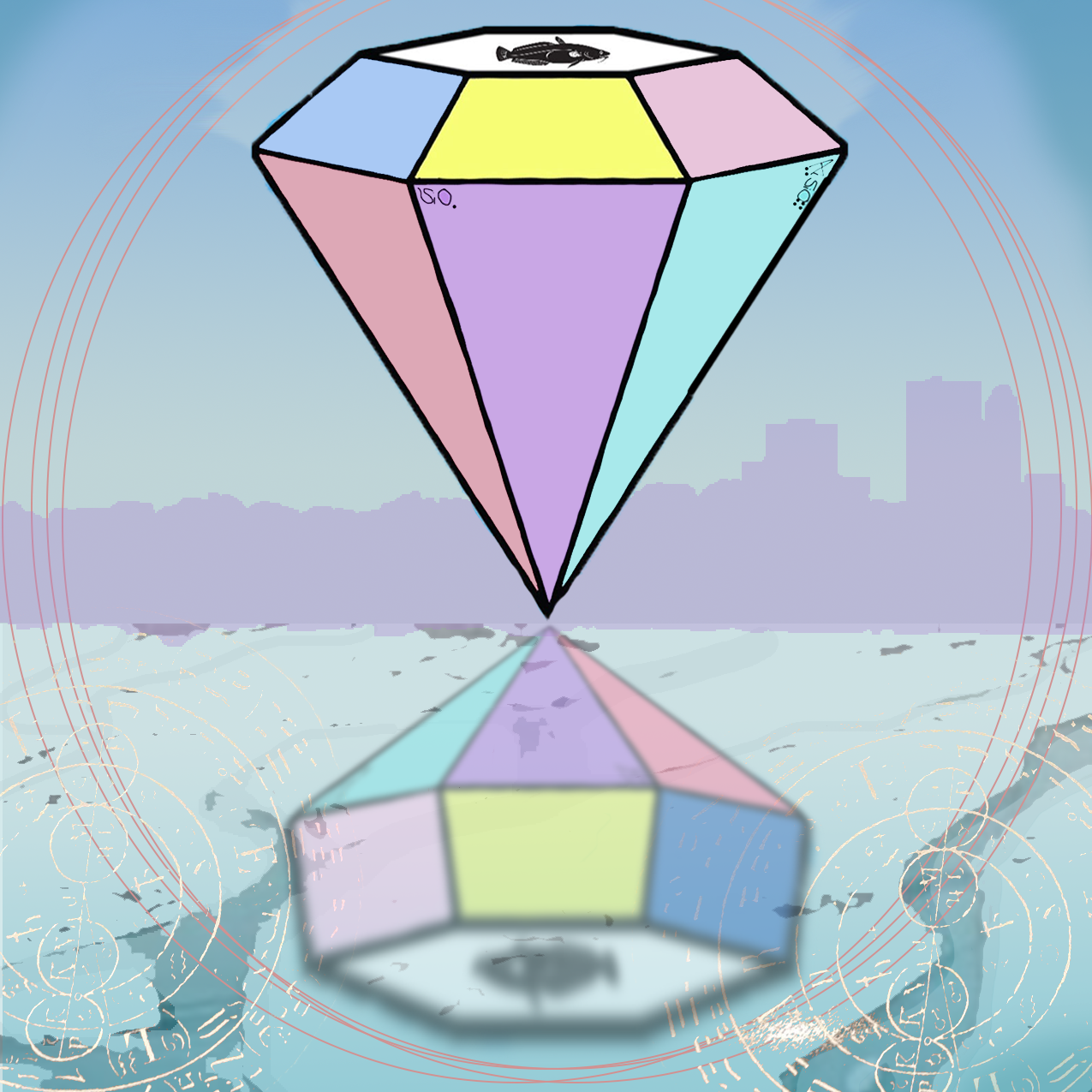 A drawing of a giant crystal hovering over a cityscape, reflected below underneath a frozen lake.