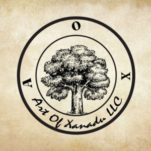 a logo with a tree in the center of a circle. letters read : AOX - Art of Xanadu LLC
