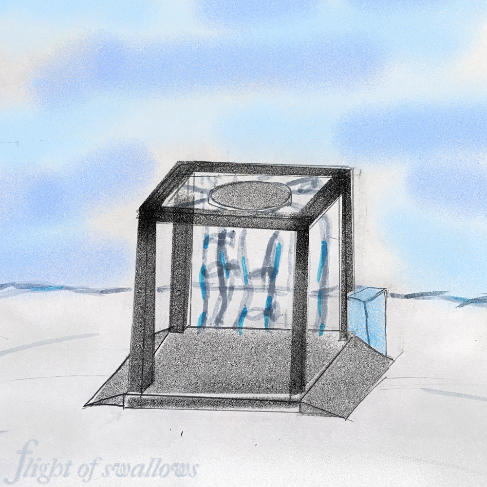 A drawing of a cube shaped shanty under a blue sky
