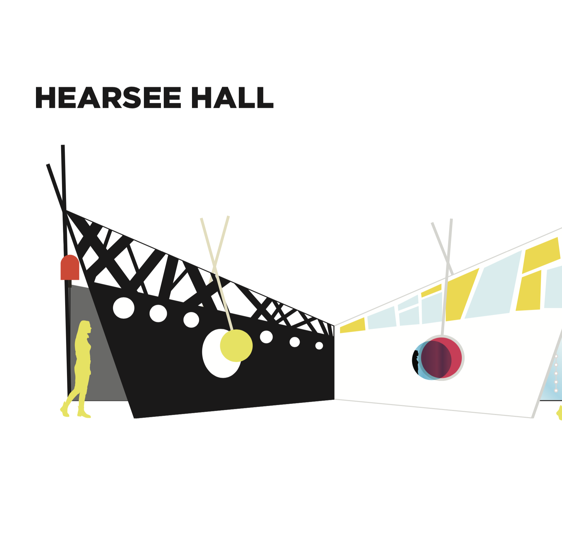 A computer drawing of a triangular -shaped hallway. The words 'Hearsee Hall' appear above it.