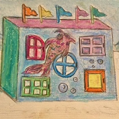 a drawing of a colorful shanty with many doors and pennant flags fluttering above it.