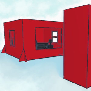 a drawing of a red shanty with a giant window.