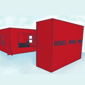 an illustration of a red shanty with the words 'reduce, reuse, rage' in black lettering on the side.