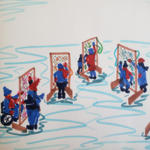 A drawing of several small groups of people weaving at upright frames on a frozen lake.