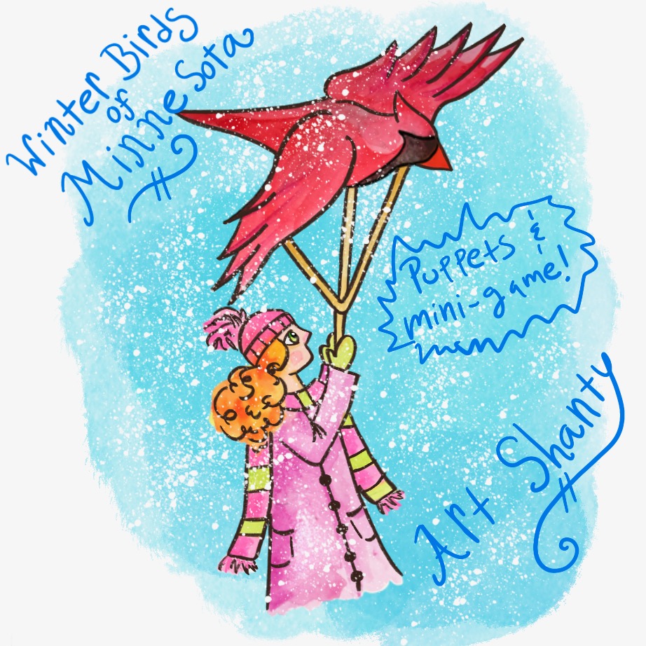 a drawing of a bundled-up person holding a giant red cardinal bird puppet above their head.