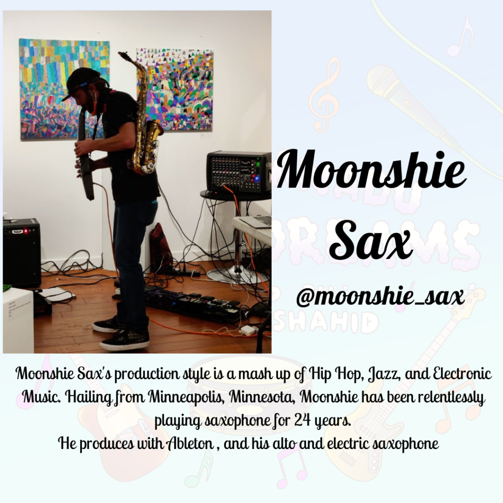 A person plays a saxaphone in a room with art on the walls. Next to their image it reads 'Moonshie Sax"