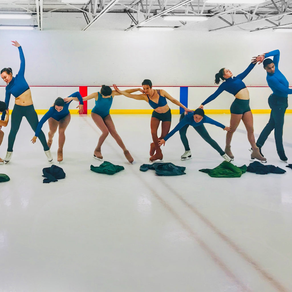a group of skaters strike a pose on an ice rink