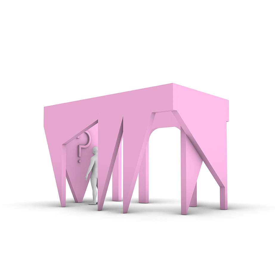 a digital rendering of a pink sculpture with many legs and arches.