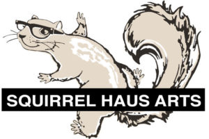 Squirrel haus arts logo; brown squirrel with glasses