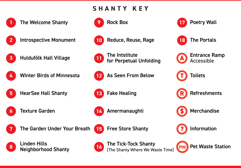 a list of numbered shanties that correspond to the map above