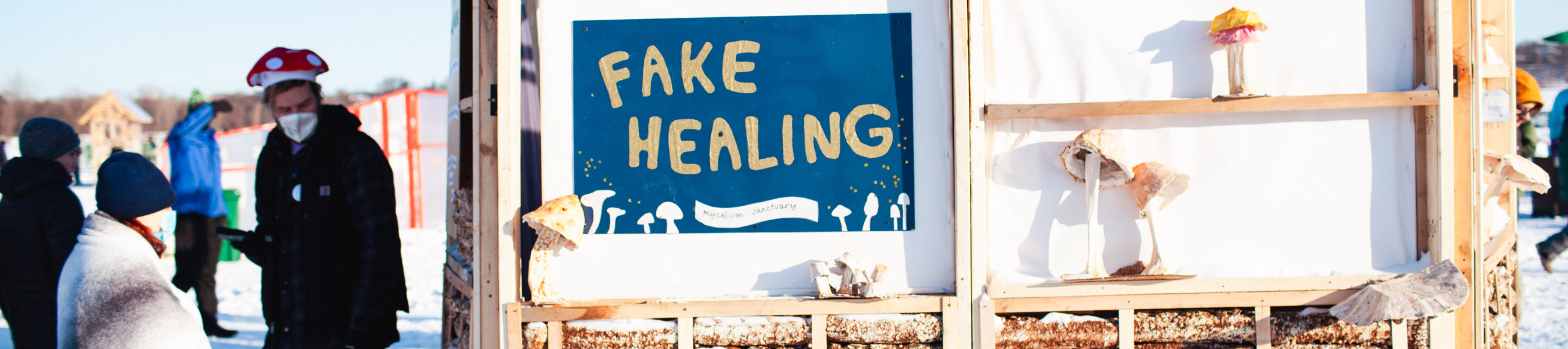 a person wearing a mushroom hat talks to visitors next to a shanty adorned with fungi and a sign that reads 'fake healing'