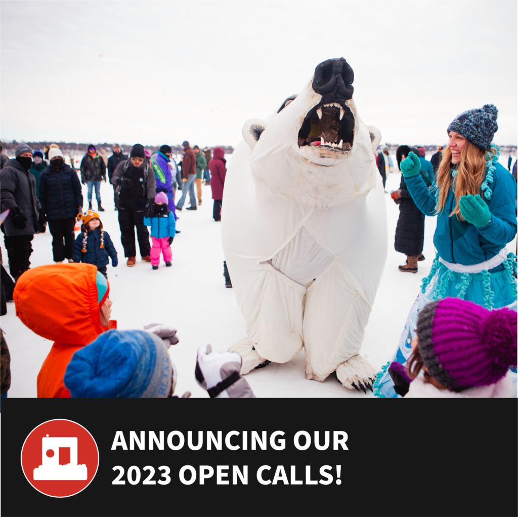 a life-sized polar bear puppet roars to a clapping crowd. Words read: "announcing our 2023 open calls!'