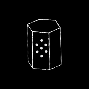 a black bacground with a white line drawing of a hexagonal object with holes in one side.