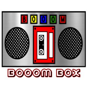 A digital image of an old school boom box with a tape deck in the center of two round speakers