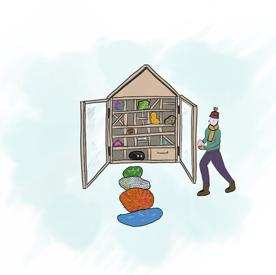 a colorful illustration of a person approaching a house-shaped cabinet structure. A rock pile rests in front.