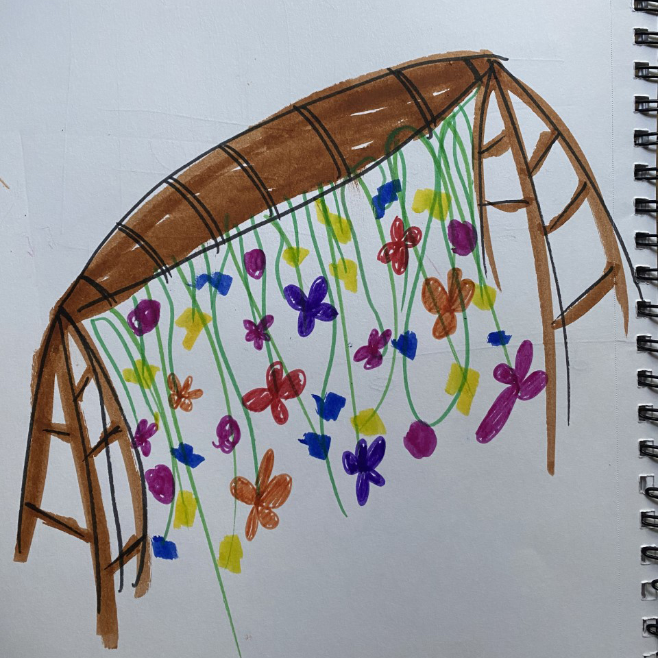 A marker drawing of a wooden structure with vibrant flowers hanging from top to bottom.
