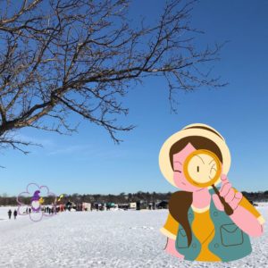 A cartoon person holds a magnifying glass up to their eye. The shanty village on the frozen lake is in the distance.