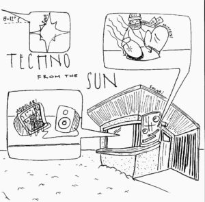 A black and white line drawing of a shanty showing solar power, people in mittens, and a modular synthesizer