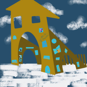 A digital drawing of an angled mustard yellow structure with many blue doors. It sits on a snowy frozen landscape.