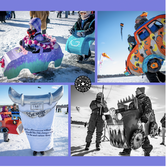 A collage of four images of people participating in the colorful wearable art car parade.
