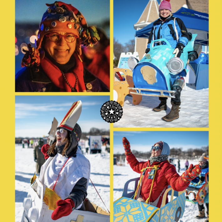 A collage of four images of adults wearing vibrant costumes and colorful cardboard art cars