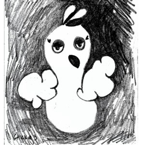 A black and white graphite drawing of a rounded cartoonish chicken.