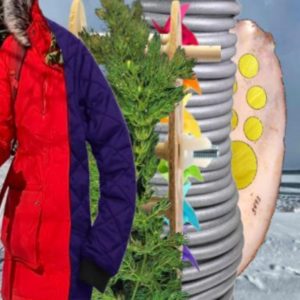 A collage of various whimsical coats, pods, and sculptures in a row.