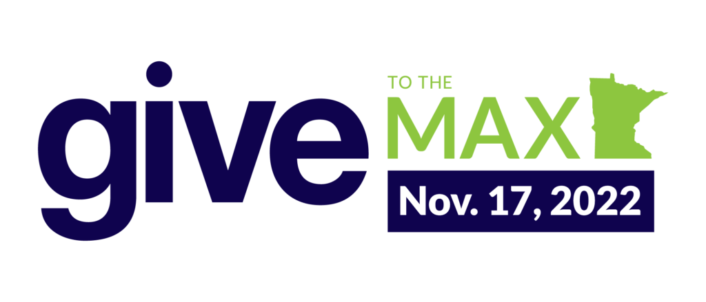 a blue and green logo that reads 'give to the max, Nov. 17. 2022' next to a green silhouette of the state of Minnesota.