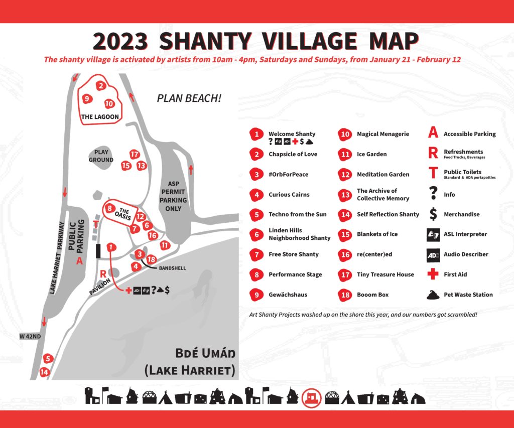 An illustrated map of the 2023 shanty village, including a key.