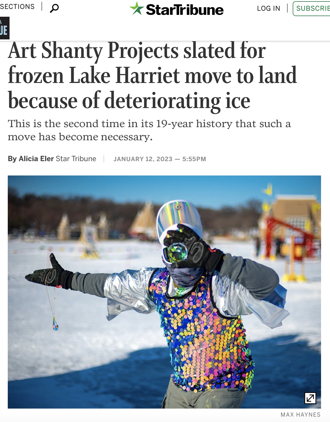 A screenshot from a Star Tribune article with an image of a person in a sparkly costume gesturing towards shore.