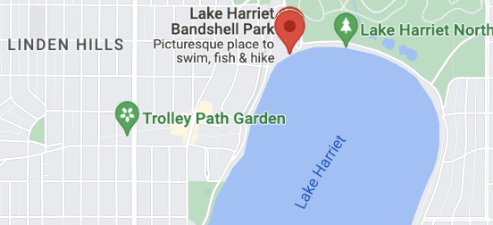 a map showing Lake Harriet with a pin at Bandshell Park