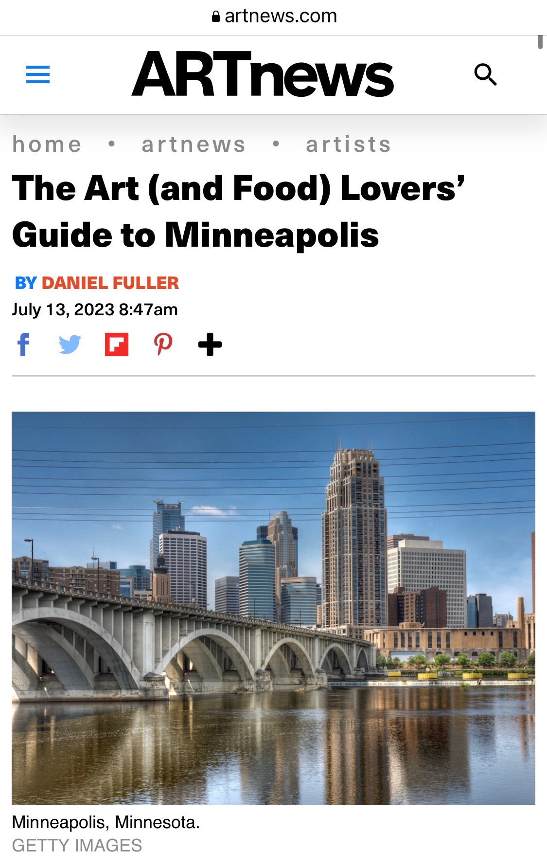 a screen grab from an article on the Art News website for the Art Lovers Guide to Minneapolis